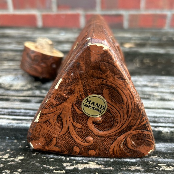 Tall Embossed Leather Wrapped Triangle Shaped Bottle Decanter Made in Spain - Picture 5 of 6